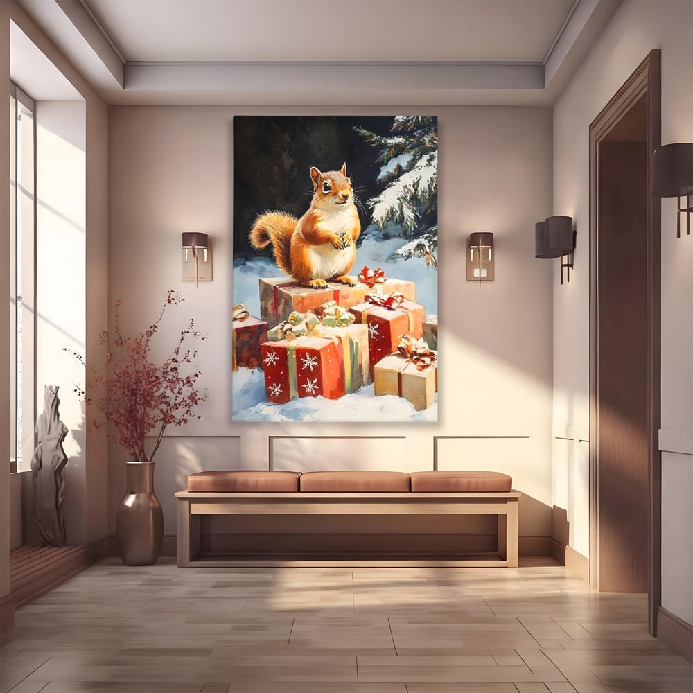 Tablou canvas cu tablou canvas cu veverita si cadouri de iarna, fara rama, pe sasiu de lemn